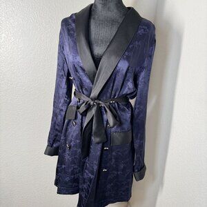 Navy Blue Topshop Satin Jacquard Belted Blazer Jacket Womens Size 6 With Black S